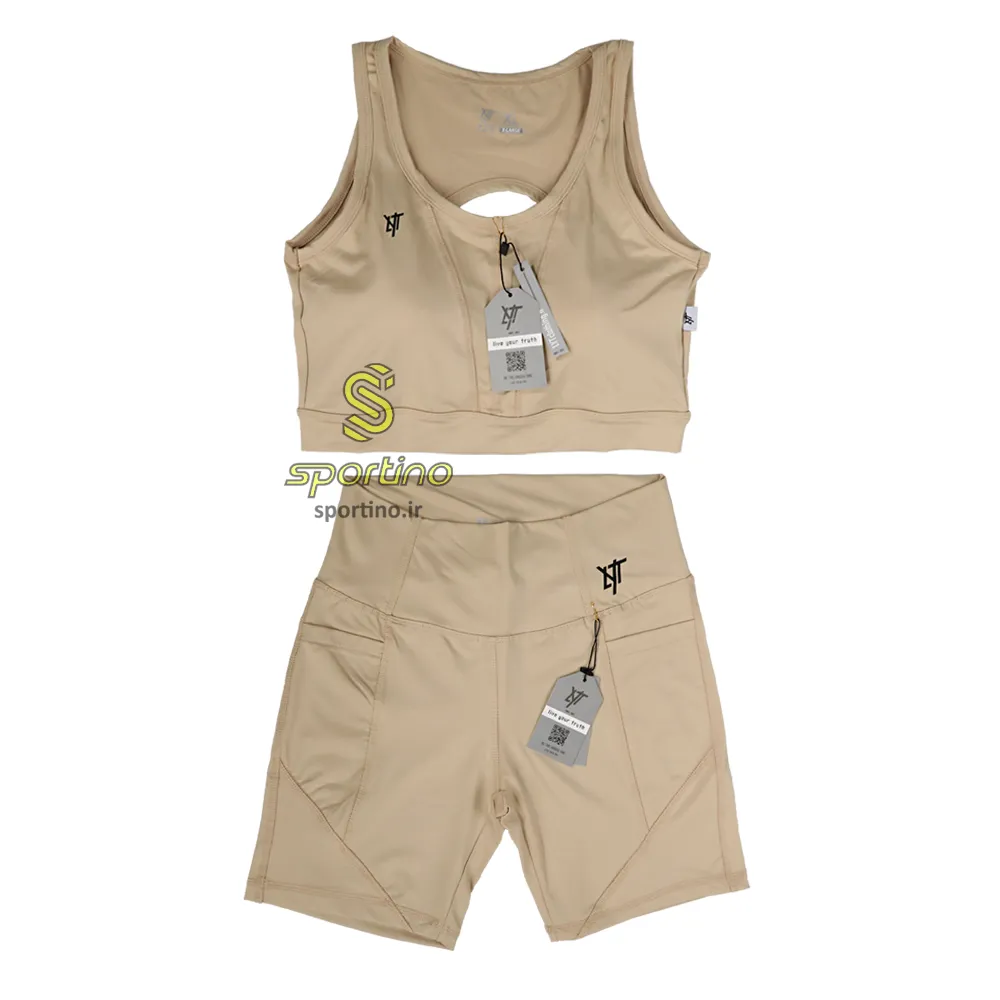 ست نیم تنه و شلوارک بایکر جیب دار زنانه ورزشی